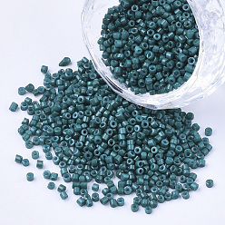 Dark Green Glass Cylinder Beads, Seed Beads, Baking Paint, Round Hole, Dark Green, 1.5~2x1~2mm, Hole: 0.8mm, about 8000pcs/bag, about 85~95g/bag