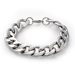 Stainless Steel Color Men's 304 Stainless Steel Curb Chain Bracelets, Stainless Steel Color, 9-1/4 inch(23.5cm), 15mm