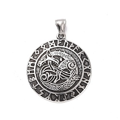 Argent Antique Pendentifs en acier inoxydable, rond plat avec rune viking et corne triple, argent antique, 304mm, Trou: 43.5x38.5x4mm