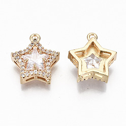 Clear Brass Glass Rhinestone Charms, with Micro Pave Cubic Zirconia, Long-Lasting Plated, Cadmium Free & Lead Free, Star, Clear, 15x13x5mm, Hole: 1.2mm