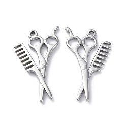 Stainless Steel Color 304 Stainless Steel Pendants, Scissors with Comb Charm, Stainless Steel Color, 33.5x19x2mm, Hole: 1.6mm
