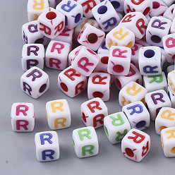 Letter R White Opaque Acrylic Beads, Horizontal Hole, Cube with Mixed Color Letter, Letter.R, 5x5x5mm, Hole: 2mm, about 5000pcs/500g
