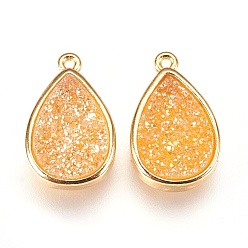 Gold Resin Imitation Druzy Crystal Pendants, with Brass Findings, teardrop, Golden, Gold, 16.5x10.5x4~5mm, Hole: 1mm
