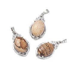 Picture Jasper Natural Picture Jasper Pendants, Teardrop Charms, with Platinum Tone Brass Crystal Rhinestone Findings, 30.5x18x9.5mm, Hole: 4.8x7.5mm