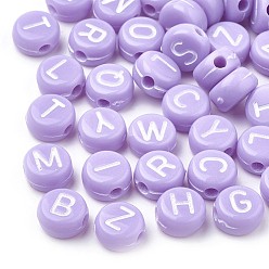 Lilac Opaque Acrylic Beads, Horizontal Hole, Mixed Letters, Flat Round with Letter, Random Letters, Lilac, 7x4mm, Hole: 1.5mm, about 3700pcs/500g