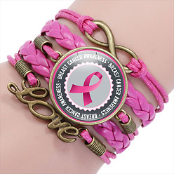 Deep Pink Imitation Leather Multi-strand Bracelets for Women, October Breast Cancer Pink Awareness Ribbon Alloy Glass Bracelet, Deep Pink, 6-1/4 inch(16cm)