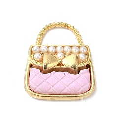 Rose Nacré Charmes d'émail d'alliage, avec perles en plastique imitation abs, sans cadmium et sans nickel et sans plomb, or, sac à main avec breloque nœud papillon, perle rose, 18.5x16x4.5mm, Trou: 4.5x8mm
