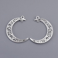 Silver Tibetan Style Alloy Hollow Moon  2-Loop Link Pendants, Cadmium Free & Lead Free, Silver, 37x8x2mm, Hole: 1~3mm