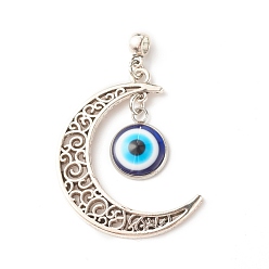 Blue Alloy Hollow Moon 2-Loop Link Big Pendants, with Resin Evil Eye and Alloy Bail Beads, Antique Silver, Cadmium Free & Lead Free, Blue, 50.5mm, Hole: 3.6mm
