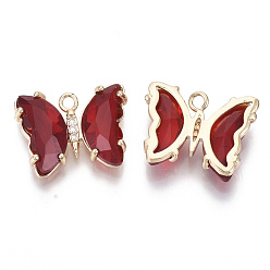 FireBrick Glass Pendants, with Micro Pave Cubic Zirconia and Brass Open Back Settings, Faceted, Butterfly, Light Gold, FireBrick, 15.5x20x4mm, Hole: 1.8mm