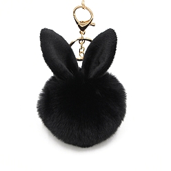 Black Easter Rabbit Faux Fluffy Ball Pendant Keychains, with Alloy Finding, Black, 90~100mm