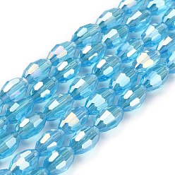 Sky Blue Electroplate Glass Beads Strands, Faceted Oval, Sky Blue, 7.5x6mm, Hole: 1mm, about 70pcs/Strand, 20.67 inch(52.5cm)