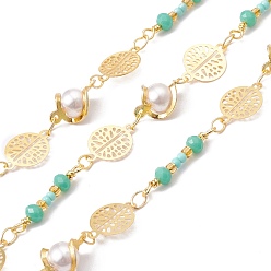 Teal Handmade Eco-friendly Brass Flat Round & Round Link Chain, with Glass Pearl & Seed Beaded, Real 18K Gold Plated, Lead Free & Cadmium Free, Soldered, with Spool, Teal, 12x8.5x6mm, 12x8.5x0.2mm, 21x3.5mm