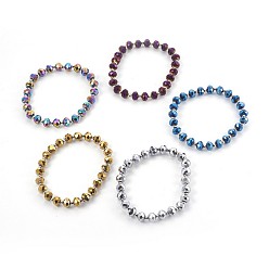 Mixed Color Electroplate Glass Stretch Bracelets, with Brass Spacer Beads, Round, Mixed Color, 2-1/8 inch(5.3cm)
