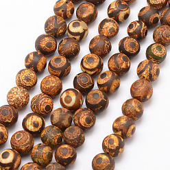 3-Eye Tibetan Style 3-Eye dZi Beads, Natural Weathered Agate Bead Strands, Round, Dyed & Heated, Camel, 10mm, Hole: 1mm, about 18pcs/strand, 7.5 inch