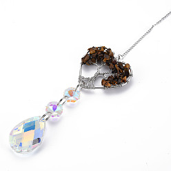 Tiger Eye Natural Tiger Eye Big Pendants, with Platinum Brass Chain Extender and Findings, Plating Glass Teardrop & Flower, Clear AB Color, Heart with Tree of Life, 130mm, Hole: 4mm