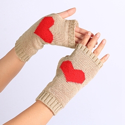 PapayaWhip Polyacrylonitrile Fiber Yarn Knitting Fingerless Gloves, Two Tone Winter Warm Gloves with Thumb Hole, Heart Pattern, PapayaWhip & Red, 190x70mm