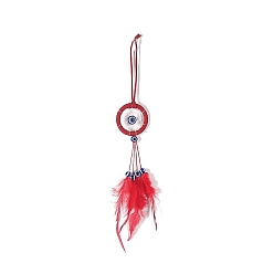 Red Iron Woven Web/Net with Feather Pendant Decorations, with Blue Evil Eye, for Home Decorations, Red, 270x50mm