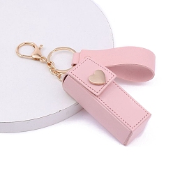 Pink Bolsas de almacenamiento de lápiz labial de cuero pu, Soporte organizador de bálsamo labial portátil para mujeres damas, con llavero de aleación en tono dorado claro, rosa, bolsa: 8x2.5 cm