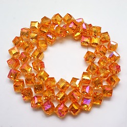 Orange Red Full Rainbow Plated Crystal Glass Cube Beads Strands, Faceted, Orange Red, 12.6x13.8x10~11mm, Hole: 1.8mm