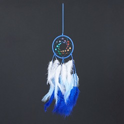 Blue Synthetic & Natural Mixed Stone Pendant Decorations, with Cotton Thread, Woven Net/Web with Feather, Blue, 490mm