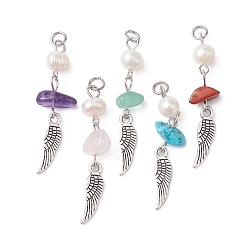 Mixed Stone Gemstone Chip Pendants, Antique Silver Plated Alloy Wing Charms with Natural Cultured Freshwater Pearl Beads, Mixed Dyed and Undyed, 39~40x7.5~11x6~6.5mm, Hole: 3.4mm