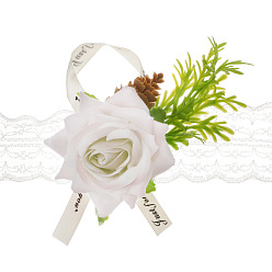 Blanc Corsage de poignet en tissu de soie imitation rose, fleur à la main pour la mariée ou la demoiselle d'honneur, mariage, décorations de fête, blanc, 80x80mm