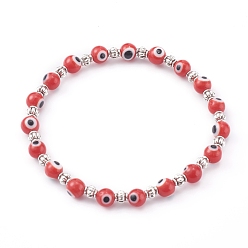 Dark Red Handmade Round Evil Eye Lampwork Beaded Stretch Bracelets, with Alloy Spacer Beads, Antique Silver, Dark Red, Inner Diameter: 2 inch(5.2cm)