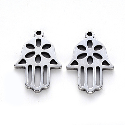 Stainless Steel Color Religion Theme, 201 Stainless Steel Pendants, Laser Cut, Hamsa Hand/Hand of Fatima/Hand of Miriam, Stainless Steel Color, 18x12x1.5mm, Hole: 1.2mm