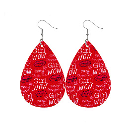 Lip Red Imitation Leather Teardrop Dangle Earrings for Valentine's Day, Lip Pattern, 80x40mm