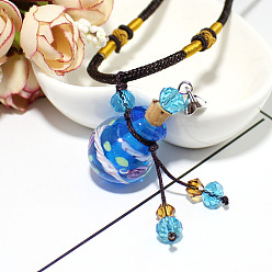 Dodger Blue Lampwork Round Perfume Bottle Pendant Necklace with Glass Beads, Essential Oil Vial Jewelry for Women, Dodger Blue, 17.7~25.59 inch(45~65cm)