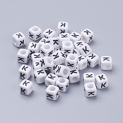 Letter K Acrylic Horizontal Hole Letter Beads, Cube, White, Letter K, Size: about 6mm wide, 6mm long, 6mm high, hole: about 3.2mm, about 2600pcs/500g
