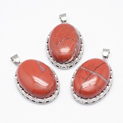 Red Jasper Natural Red Jasper Pendants, with Brass Findings, Oval, Platinum, 30x21x10~11mm, Hole: 6x4mm