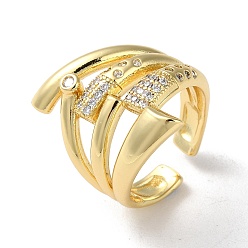 Real 16K Gold Plated Rack Plating Brass with Clear Cubic Zirconia Open Cuff Rings, Hollow, Real 16K Gold Plated, Inner Diameter: 17mm