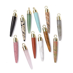 Mixed Stone Natural Gemstone Brass Pendants, Cadmium Free & Lead Free, Bullet Shaped, Light Gold, 33~37x4~5mm, Hole: 2mm