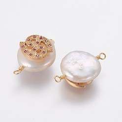Cancer Connecteurs de liens de perles naturelles, avec accessoires zircon cubique micro pave en laiton, plat rond avec constellation, or, fuchsia, cancer, 20~26x9~17x5~11mm, Trou: 1.6mm