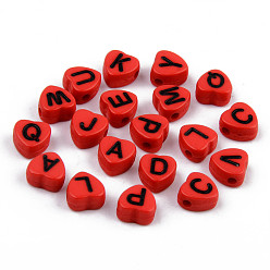 Red Opaque Acrylic Enamel Beads, Horizontal Hole, Heart with Mixed Black Letters, Red, 7x7x4mm, Hole: 1.5mm, about 3600pcs/500g