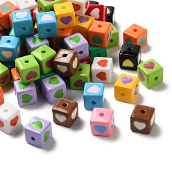 Mixed Color Opaque Enamel Acrylic Beads, Cube with Heart Pattern, Mixed Color, 12.5x12x12mm, Hole: 2.6mm