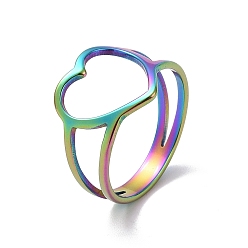 Rainbow Color Ion Plating(IP) 201 Stainless Steel Heart Finger Ring, Hollow Wide Ring for Valentine's Day, Rainbow Color, US Size 6 1/2(16.9mm)