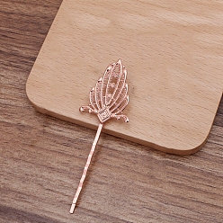 Rose Gold Iron Hair Bobby Pin Findings, with Flower Brass Findings, Rose Gold, 81x27x5mm