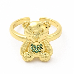 Green Cubic Zirconia Bear with Heart Open Cuff Ring, Golden Brass Jewelry for Women, Green, Inner Diameter: 17mm