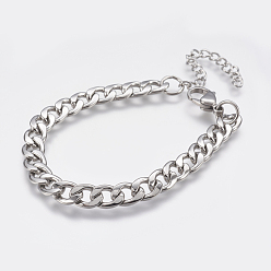 Stainless Steel Color Men's 304 Stainless Steel Curb Chain Bracelets, with Lobster Claw Clasps, Cuban Link Chain Bracelets, Stainless Steel Color, 6-7/8 inch(175mm), 7mm