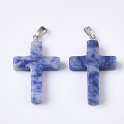 Natural Gemstone Natural Blue Spot Stone Pendants, with Stainless Steel Peg Bails, Cross, Stainless Steel Color, 29~30x18.5x4.5mm, Hole: 5.5x2mm