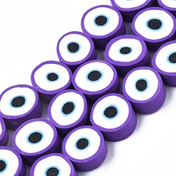 Violet Foncé Brin de perles pate polymère faits à la main , rond et plat avec des mauvais œil, violet foncé, 8~11x4mm, Trou: 1.2mm, Environ 40 pcs/chapelet, 13.98 pouces ~ 15.35 pouces (35.5 cm ~ 39 cm)