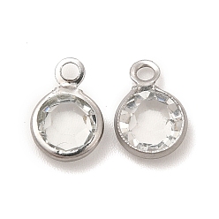 Clear 304 Stainless Steel with Glass Charms, Stainless Steel Color, Faceted Flat Round, Clear, 9.5x6.5x2mm, Hole: 1.5mm