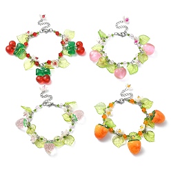 Mixed Shapes Glass & Resin & Acrylic Flower Charm Bracelet, 304 Stainless Steel Jewelry, Mixed Shapes, 7-1/4 inch(18.5cm)