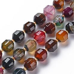 Colorful Natural Agate Beads Strands, Dyed, Faceted, with Seed Beads, Double Terminated Point Prism Beads, Bicone, Colorful, 10.5~12.5x10~11.5mm, Hole: 1.5mm, about 27~29pcs/strand, 14.25 inch~15.16 inch(36.2cm~38.5cm)