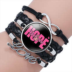 Black Imitation Leather Multi-strand Bracelets for Women, October Breast Cancer Pink Awareness Ribbon Alloy Glass Bracelet, Black, 6-1/4 inch(16cm)