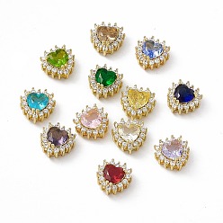 Mixed Color Rack Plating Brass Micro Pave Cubic Zirconia Beads, with Glass, Real 18K Gold Plated, Long-Lasting Plated, Cadmium Free & Nickel Free & Lead Free, Heart, Mixed Color, 10.5x10.5x6mm, Hole: 1.2~3.5x1.2~1.4mm