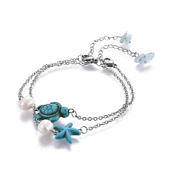 Turquoise Dyed Synthetic Turquoise(Dyed) Link Bracelets, with Natural Pearls, Natural Aquamarine Chip Beads and 304 Stainless Steel Lobster Claw Clasps, Tortoise and Starfish/Sea Stars, Turquoise(Dyed), 7-1/8 inch(18cm), 2pcs/set